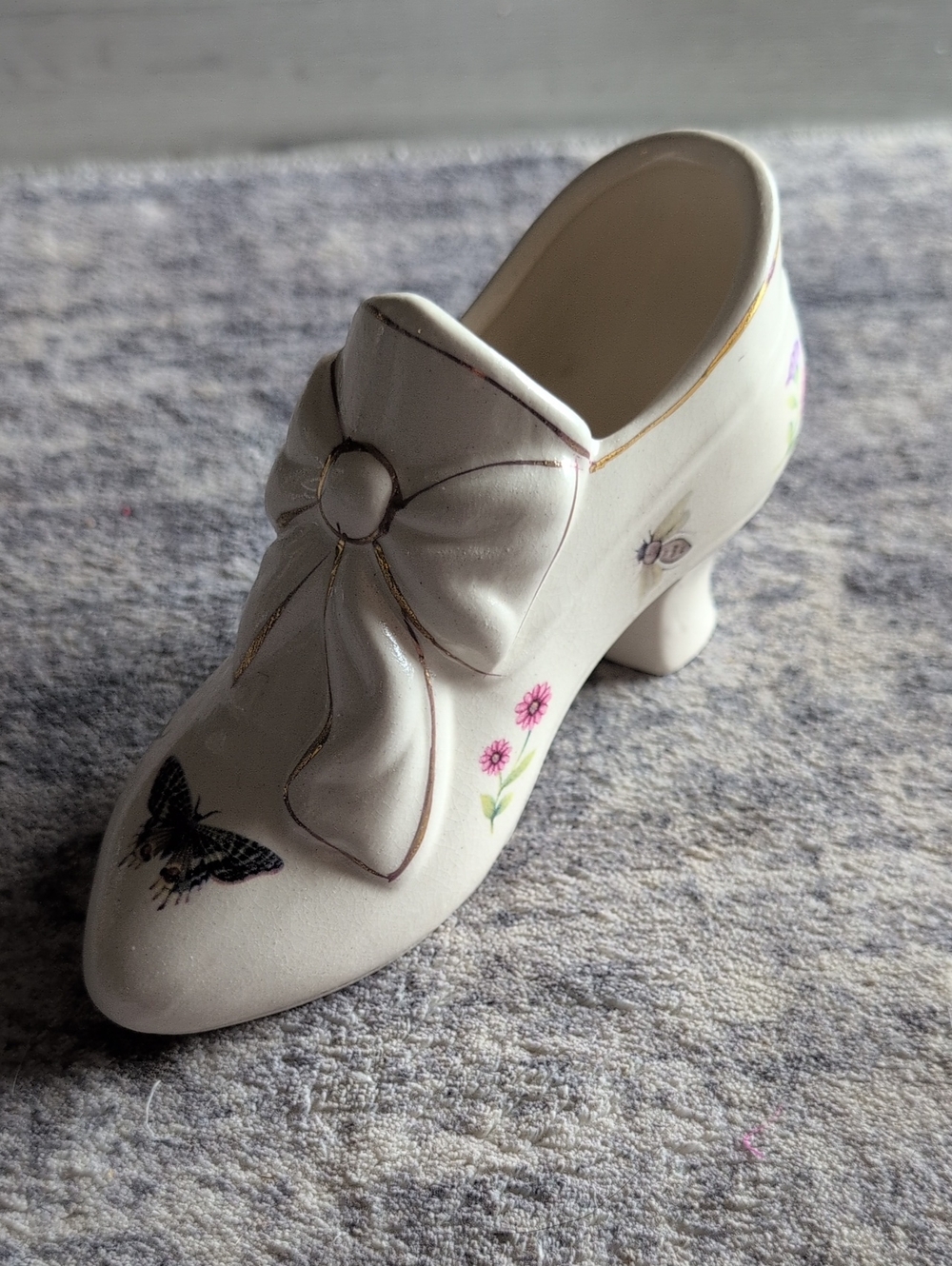 White Ceramic Decorative Shoe with Bow and Butterfly Accent